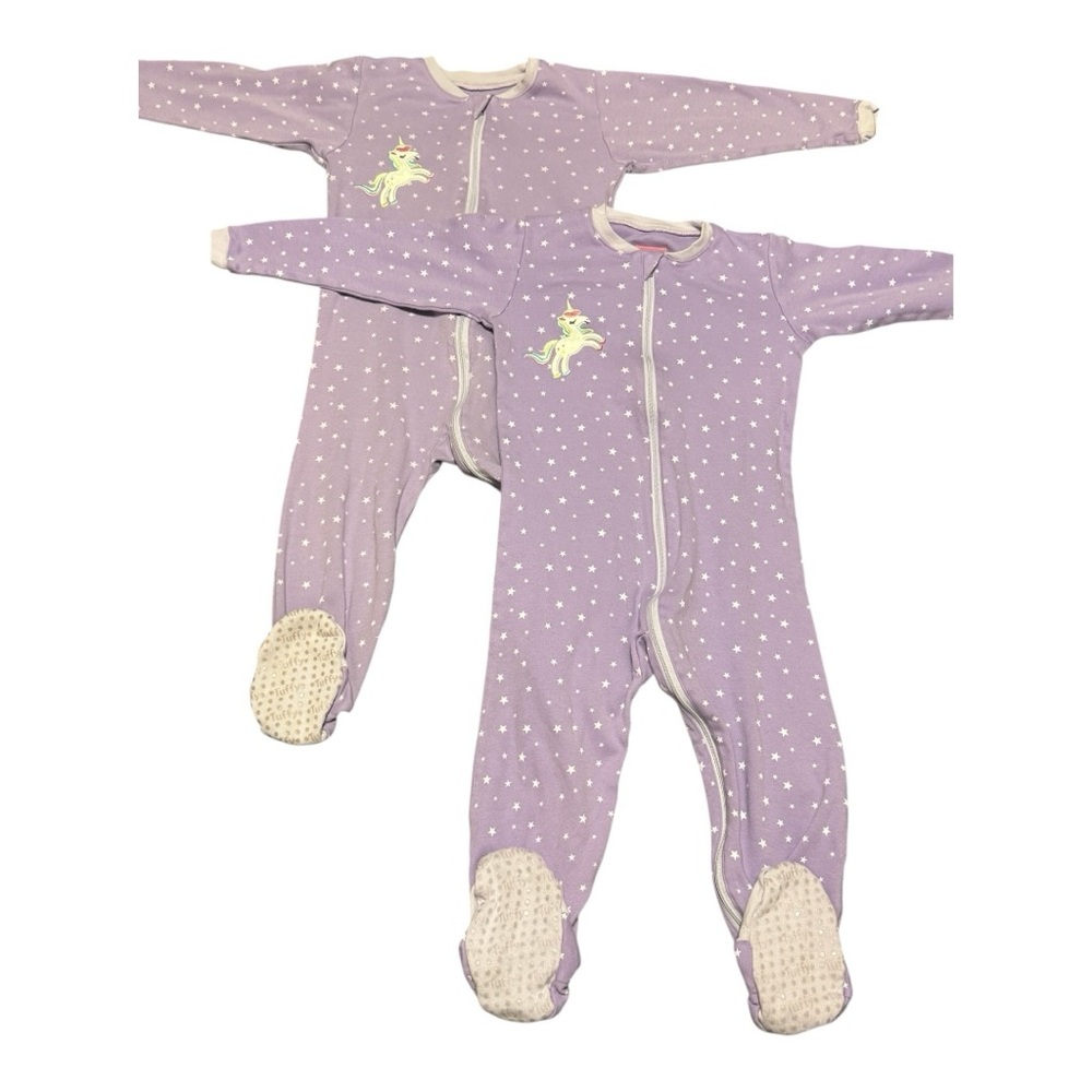 Tuffy Footed Pyjamas Lot Of 2 Sleepers 24 Months Grippy Feet Purple Unicorn Star